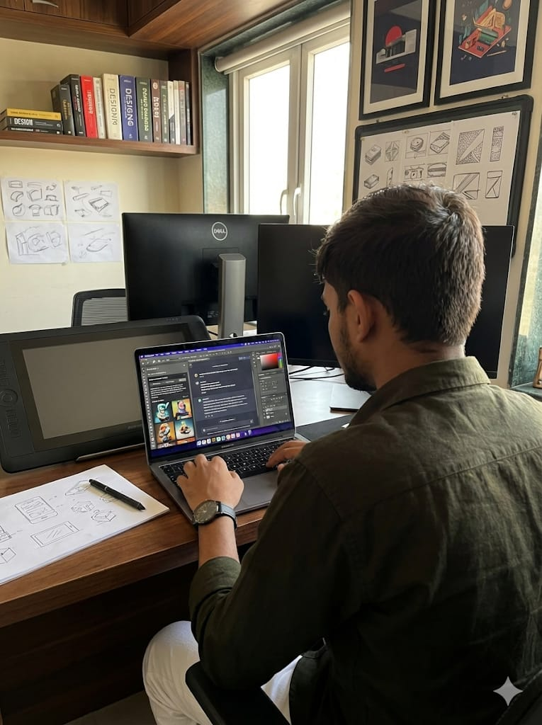 Graphic design services professional working on laptop with creative design tools in a modern workspace