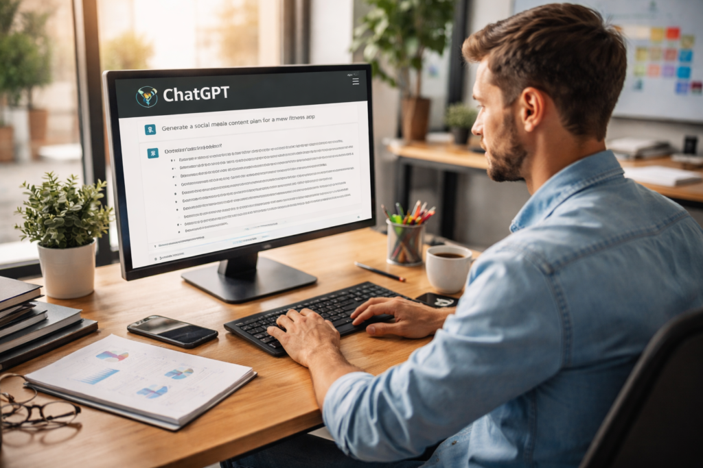 Digital marketing agency professional using ChatGPT on a computer in a modern office to plan online marketing strategies.